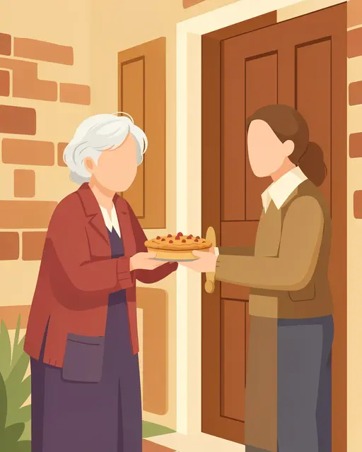 Faceless elderly woman hands a homemade pie to her neighbor at a front door