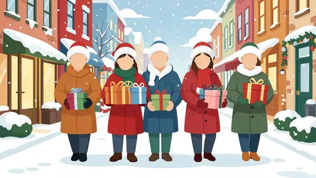 Faceless winter-clad people hold gift boxes while standing on a snow-covered Christmas town street