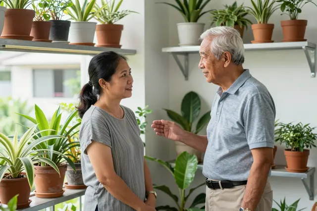 Two older adult neighbors converse across adjacent plant-filled balconies in soft morning light