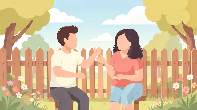 Two faceless neighbors talk across a wooden garden fence on a sunny pastel day