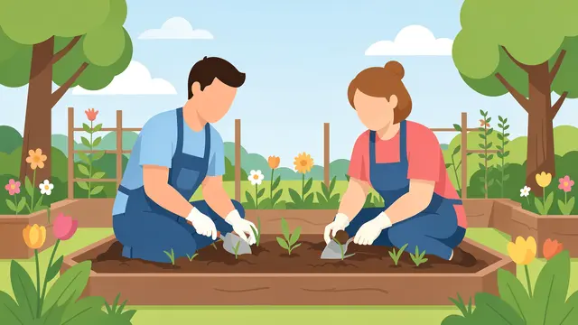 Two faceless people kneel side by side planting seedlings in a raised community garden bed on a sunny spring day