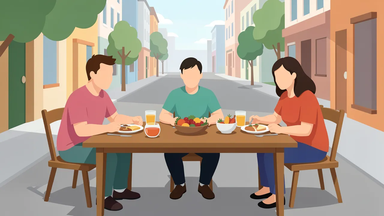 Three faceless people sit at a long outdoor table sharing food on a quiet residential street