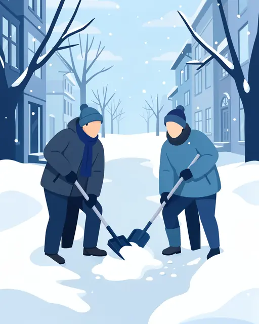 Two faceless neighbors shoveling snow from a shared residential sidewalk during a snowfall