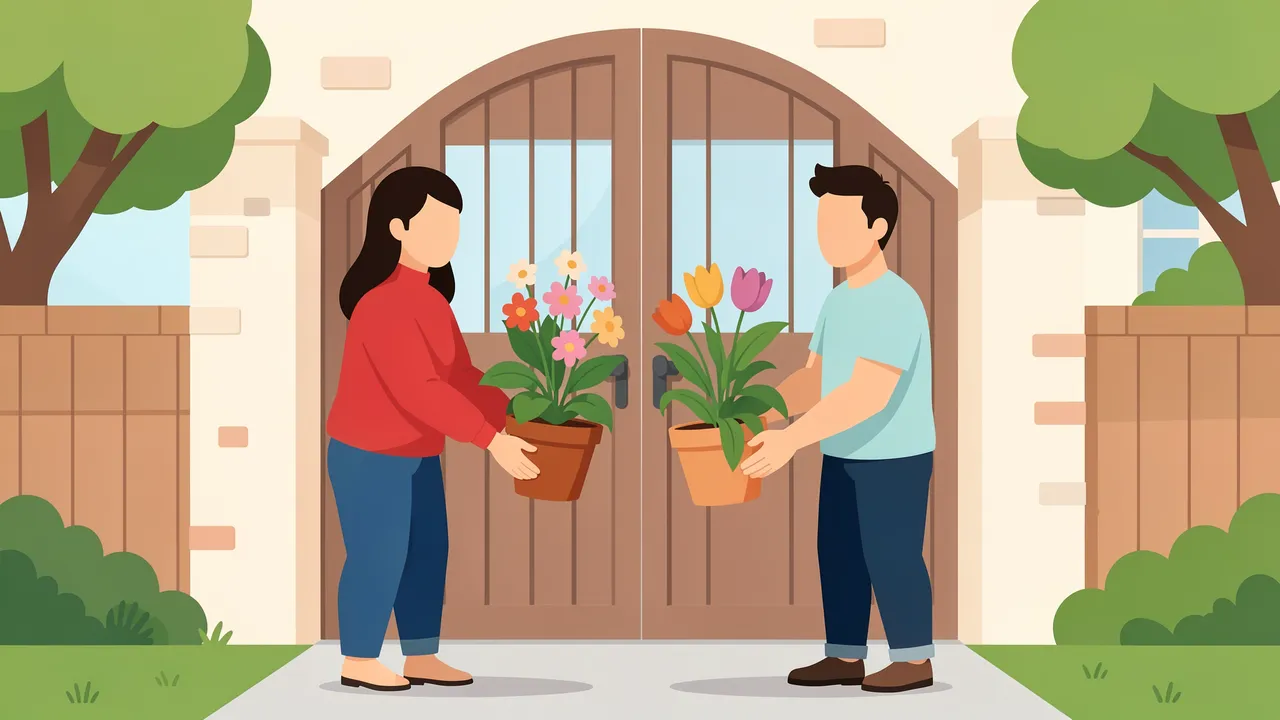 Two faceless people exchange potted flowering plants at a residential front gate in spring.