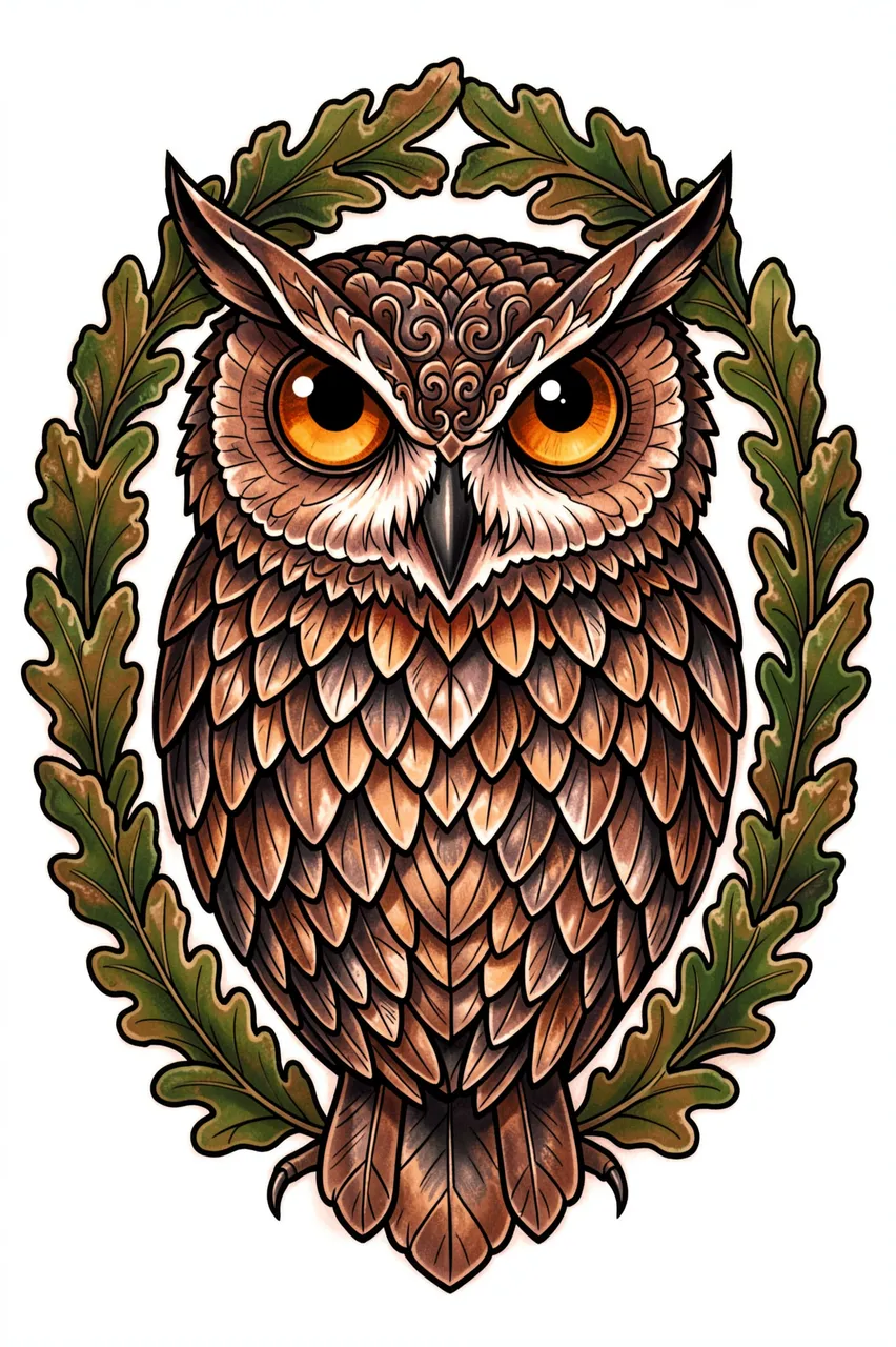 Neo-traditional illustration of an owl with amber eyes framed by an oak leaf wreath on a white background