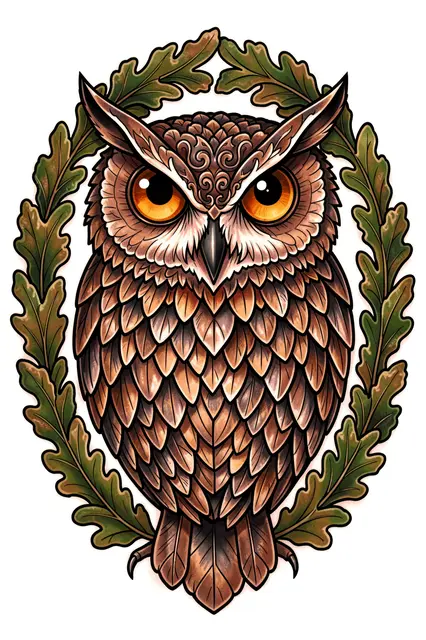 Neo-traditional illustration of an owl with amber eyes framed by an oak leaf wreath on a white background