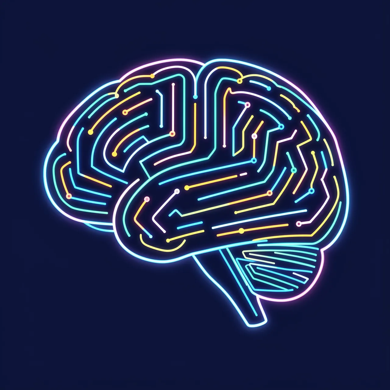Glowing neon circuit maze lines form the outline of a brain on a solid navy background