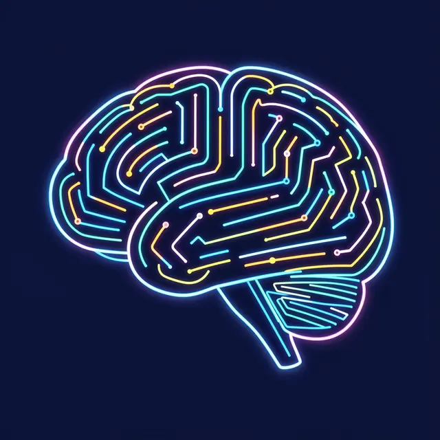 Glowing neon circuit maze lines form the outline of a brain on a solid navy background