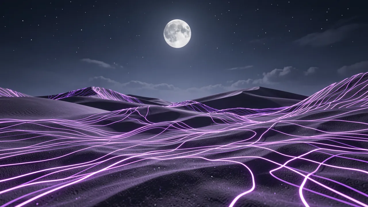 Glowing purple circuit-like light lines wind across sand dunes beneath a full moon and starry night sky