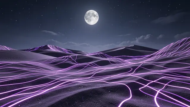 Glowing purple circuit-like light lines wind across sand dunes beneath a full moon and starry night sky