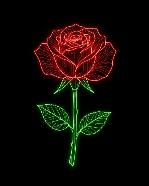 Glowing red circuit-patterned rose with green neon stem and leaves on a solid black background