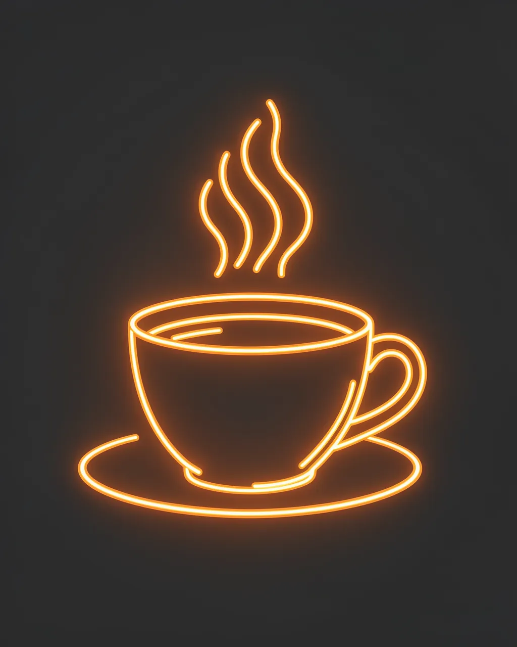 Warm orange neon line art of a coffee cup with curling steam on a dark charcoal background
