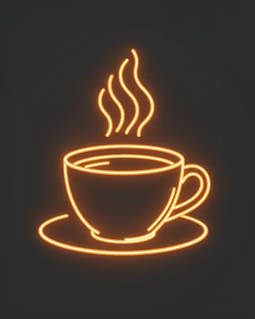 Warm orange neon line art of a coffee cup with curling steam on a dark charcoal background