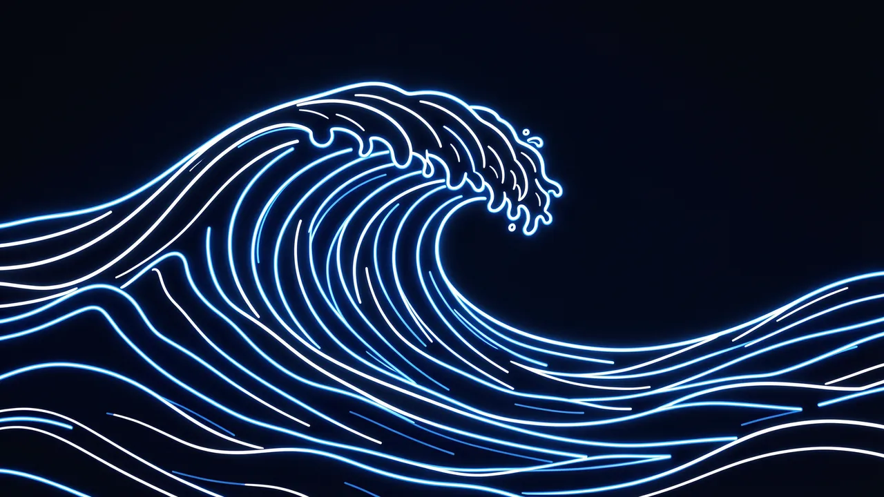 Bright blue and white neon line art of a curling ocean wave set against a dark solid background
