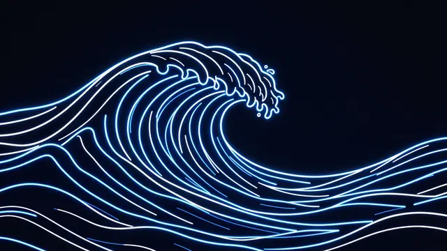 Bright blue and white neon line art of a curling ocean wave set against a dark solid background