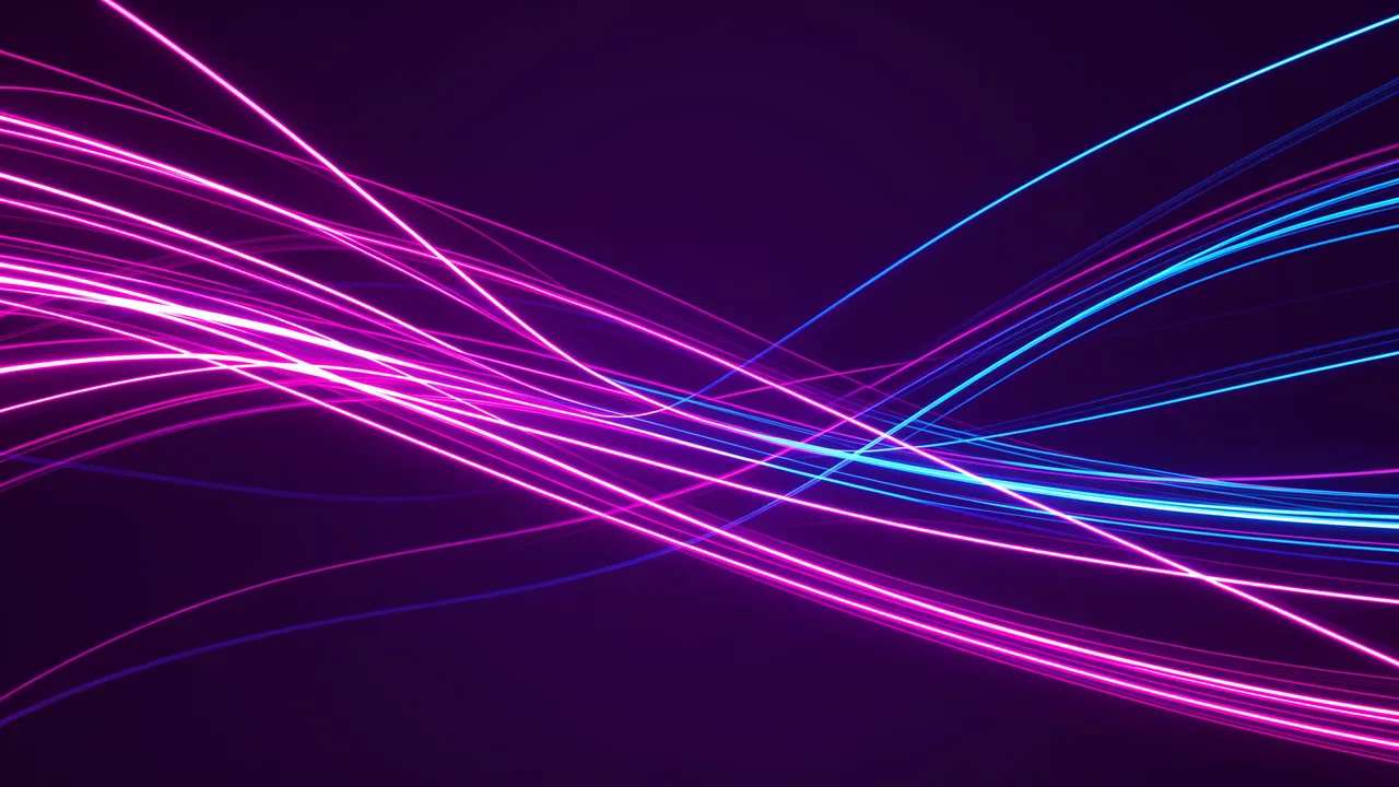 Sweeping magenta and electric blue glowing light trails cross over a dark violet background