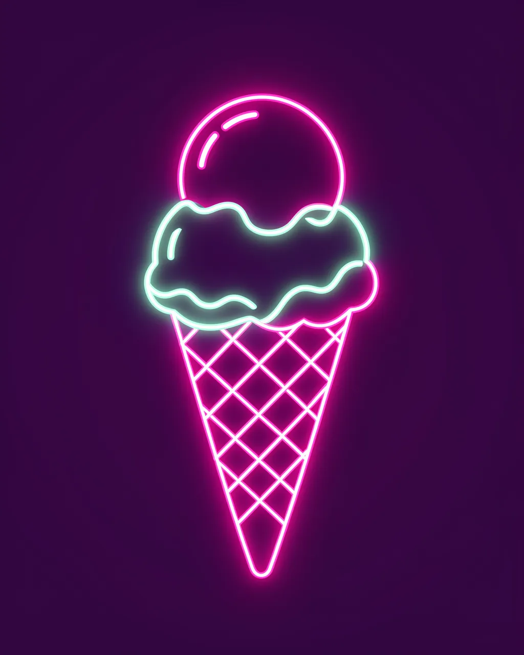 Pink and mint neon line art of a double-scoop waffle ice cream cone on a dark purple background
