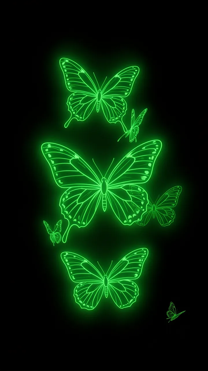 Glowing neon green outlined butterflies with soft digital haze float against a solid black vertical background.