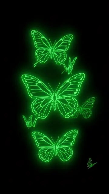 Glowing neon green outlined butterflies with soft digital haze float against a solid black vertical background.