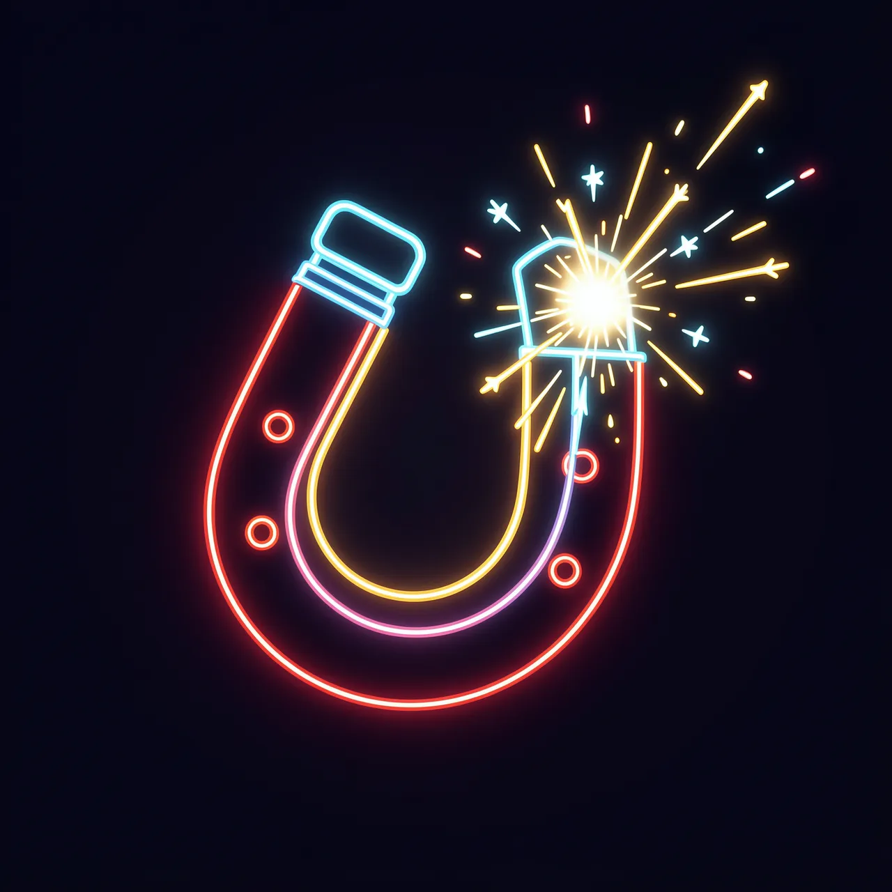 Colorful neon line art horseshoe magnet pulls glowing spark effects on a dark background