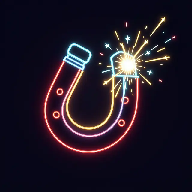 Colorful neon line art horseshoe magnet pulls glowing spark effects on a dark background