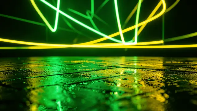 Glowing green and yellow neon light streaks are reflected on a dark wet tiled ground surface