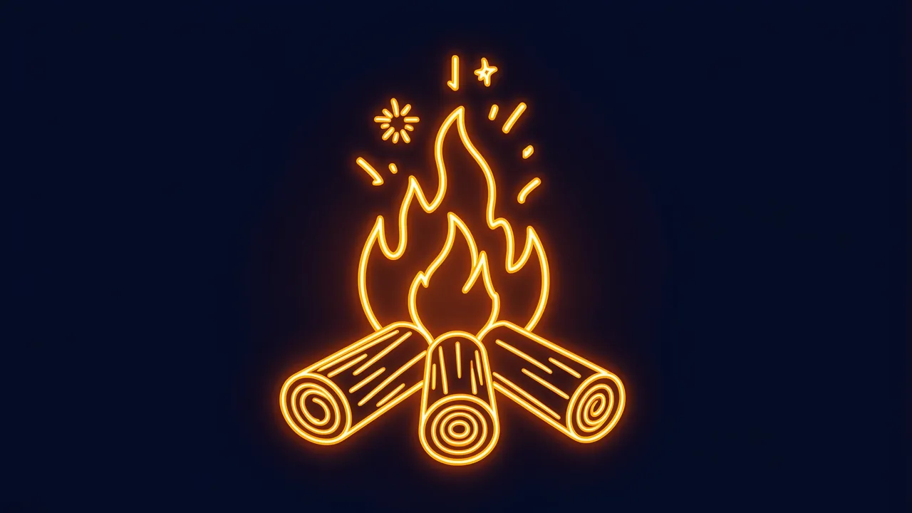 Glowing orange neon line art campfire with logs and sparks on a dark navy midnight background