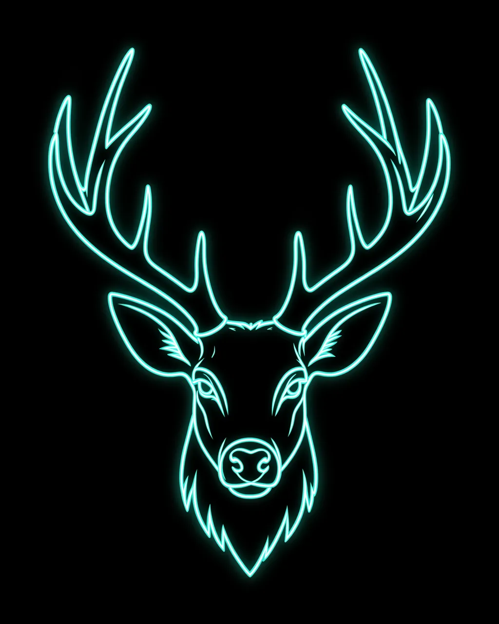 Luminous teal neon outline of a deer head with branching antlers on a solid black background