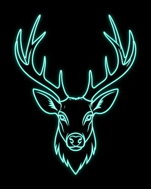 Luminous teal neon outline of a deer head with branching antlers on a solid black background