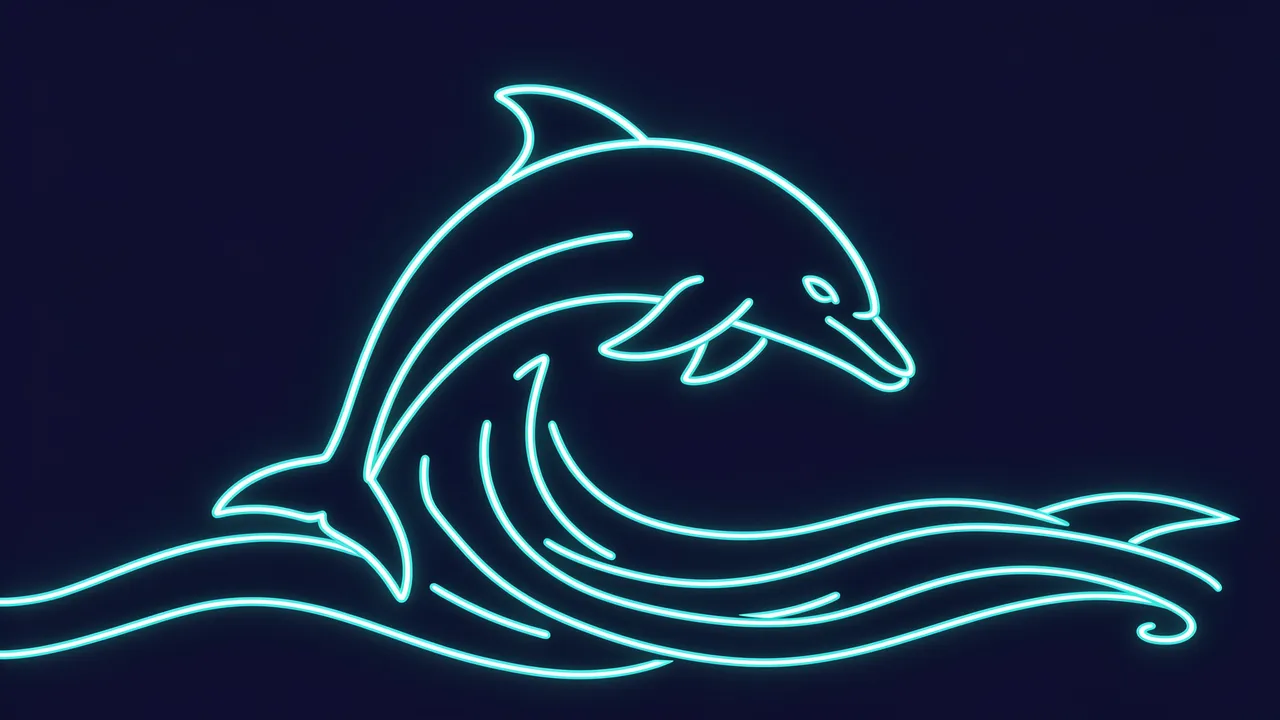 Glowing aqua neon line art of a dolphin arcing over a wave on a deep navy background