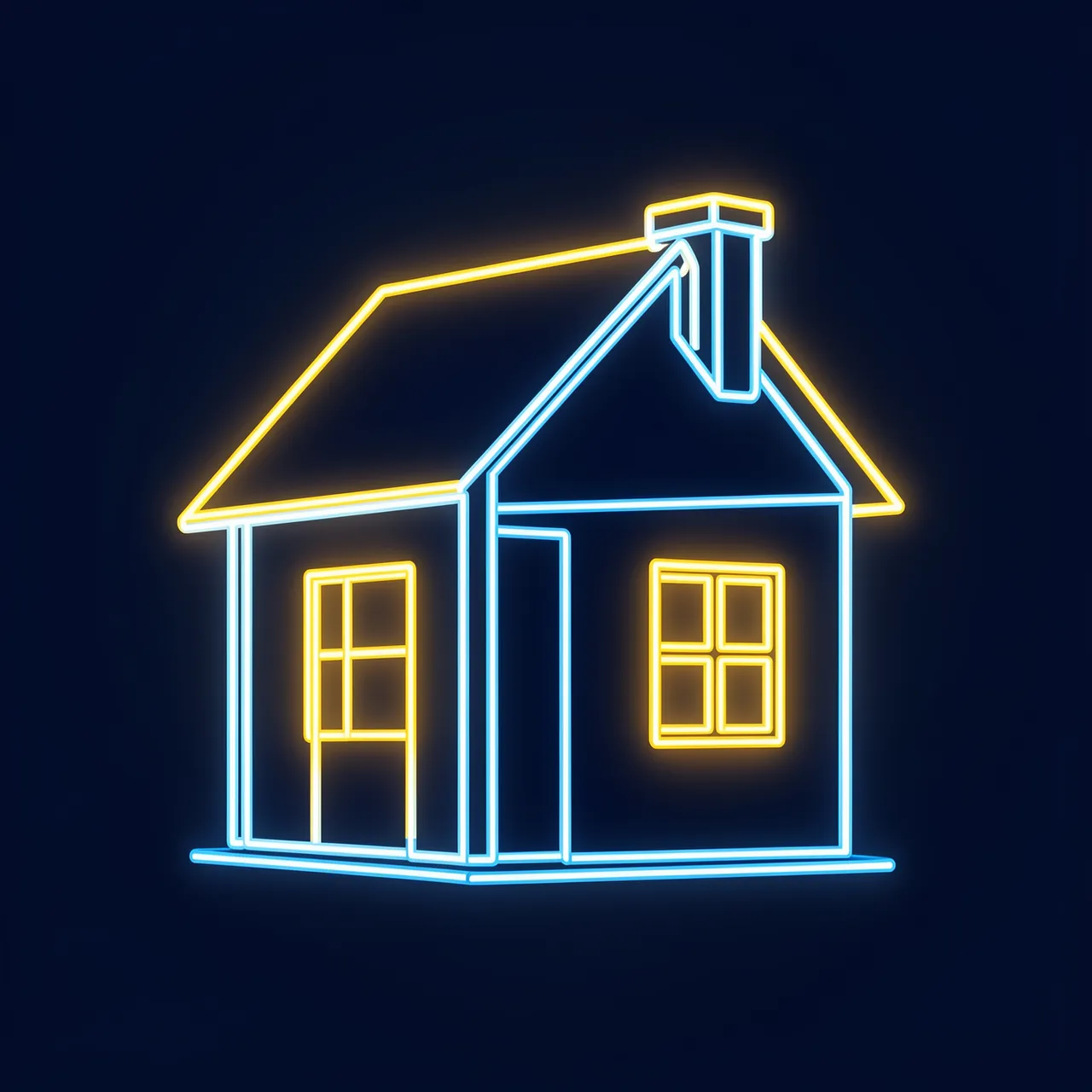 Glowing neon line art of a small house with yellow window accents against a dark blue background