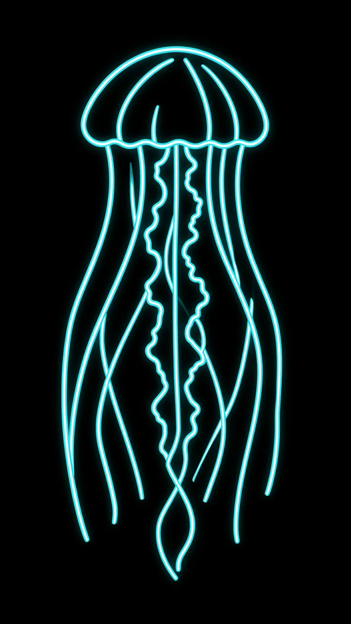 Glowing bright cyan neon line art jellyfish with trailing tentacles on a solid pure black background