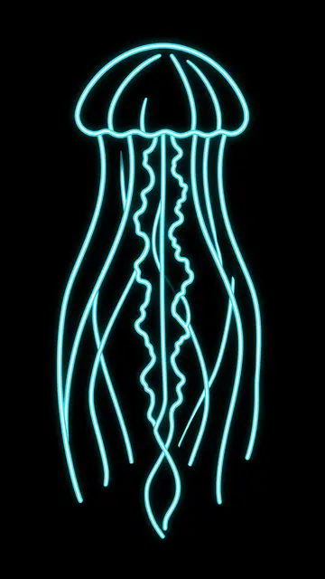 Glowing bright cyan neon line art jellyfish with trailing tentacles on a solid pure black background