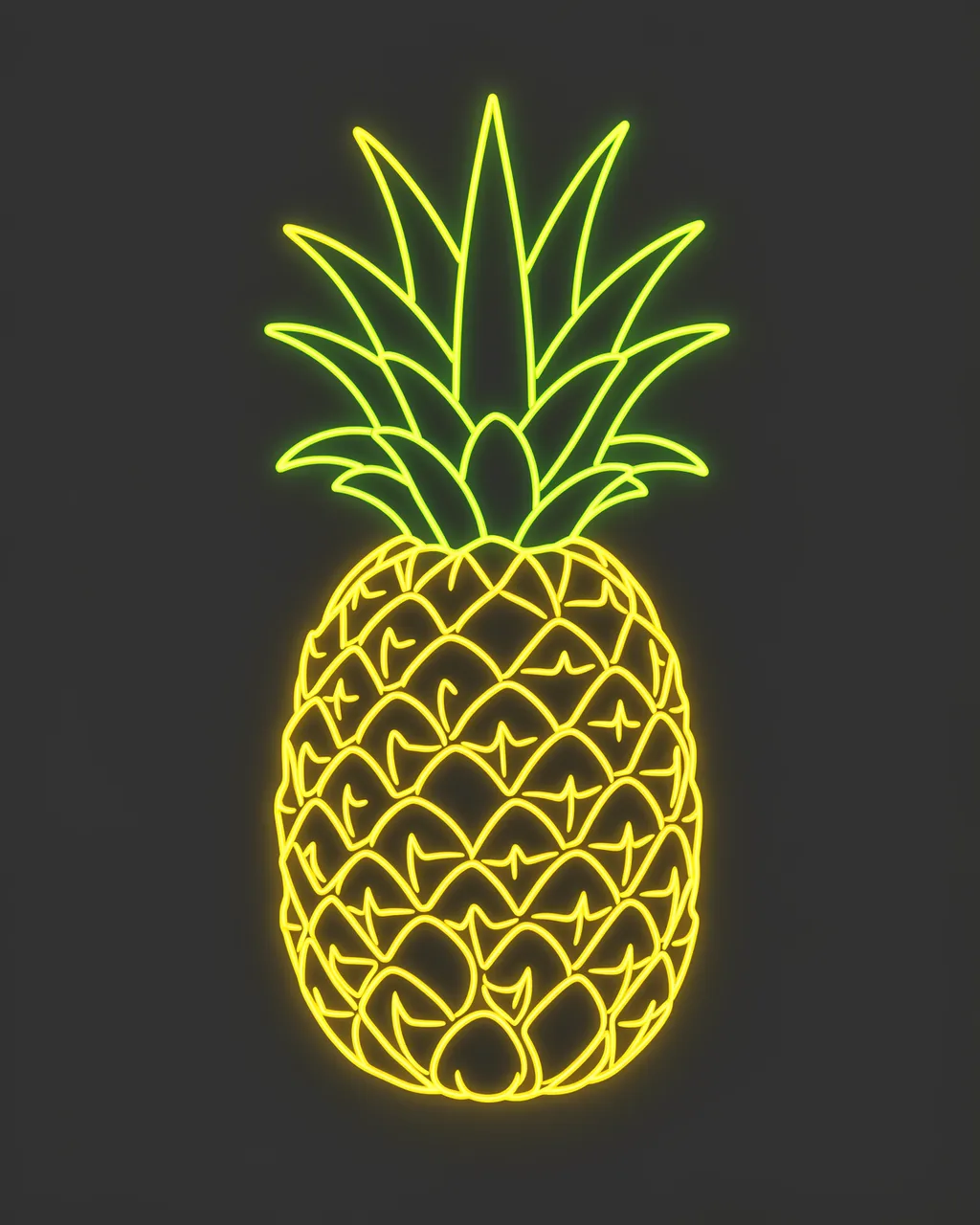 Glowing yellow and green neon line art of a pineapple on a deep charcoal background
