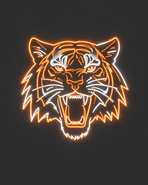 Orange and white neon line art of a roaring tiger head against a dark charcoal background