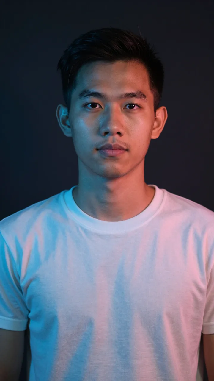 A vertical portrait of a Southeast Asian man in his late twenties lit by blue and pink light against a dark background
