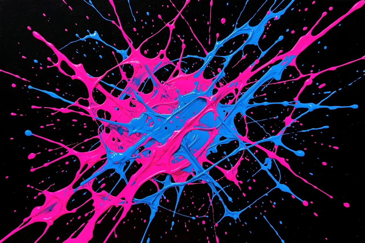 Vibrant neon pink and electric blue acrylic paint splashes spread across a solid black background