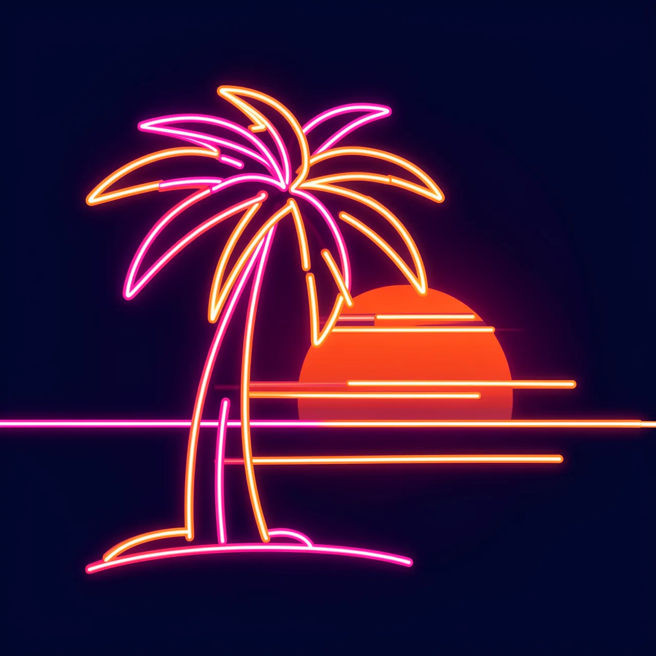 Glowing pink and orange neon line art of a palm tree beside a setting sun on deep navy background