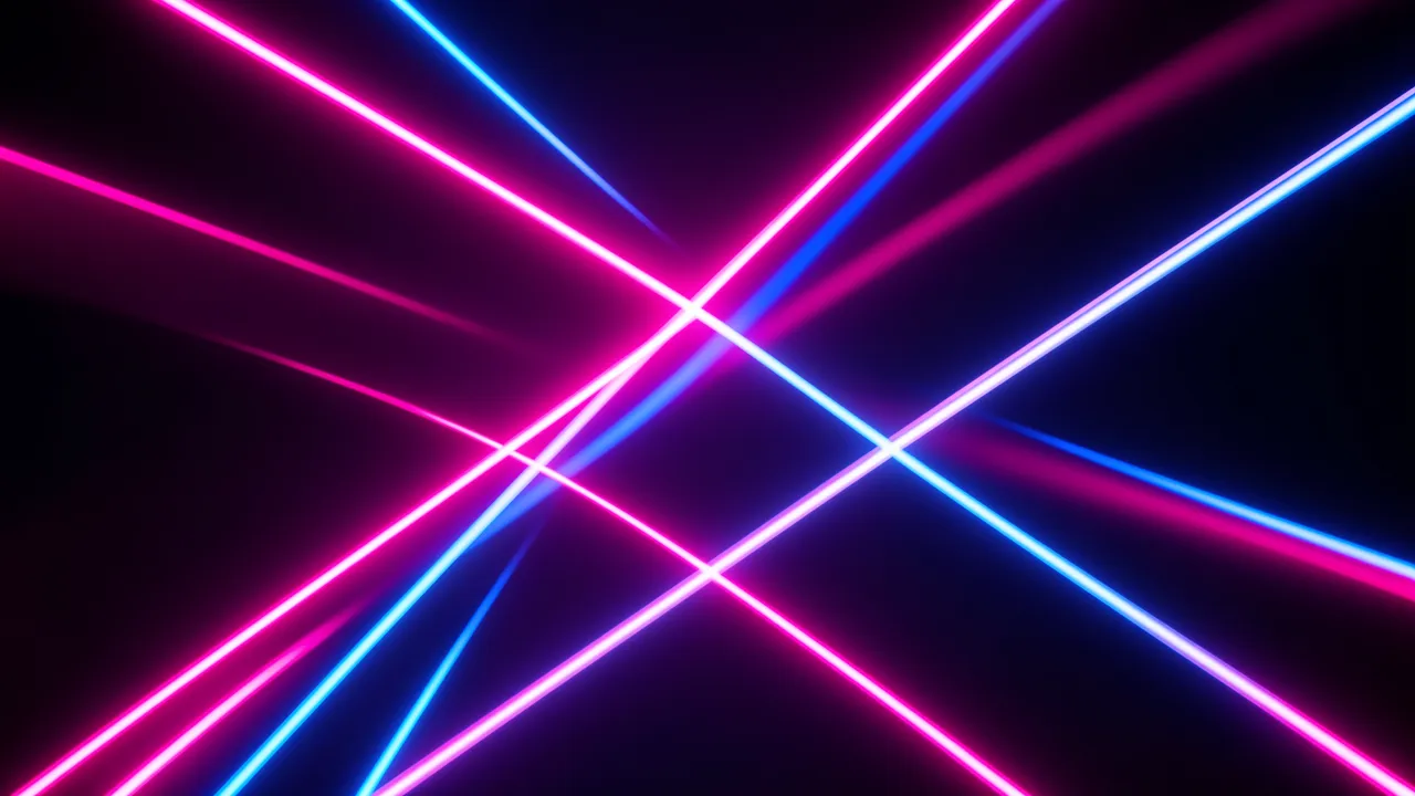 Crossing neon pink and bright blue light beams glow against a dark black background