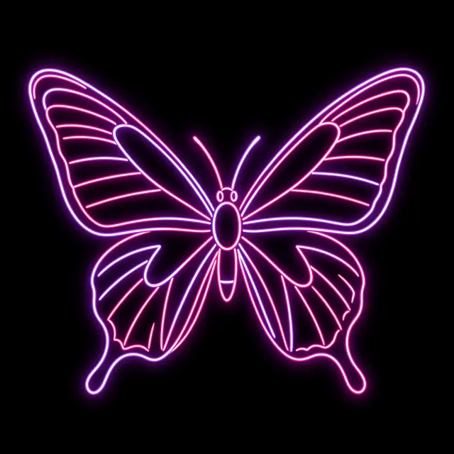 Glowing neon line art butterfly with open wings against a solid black background