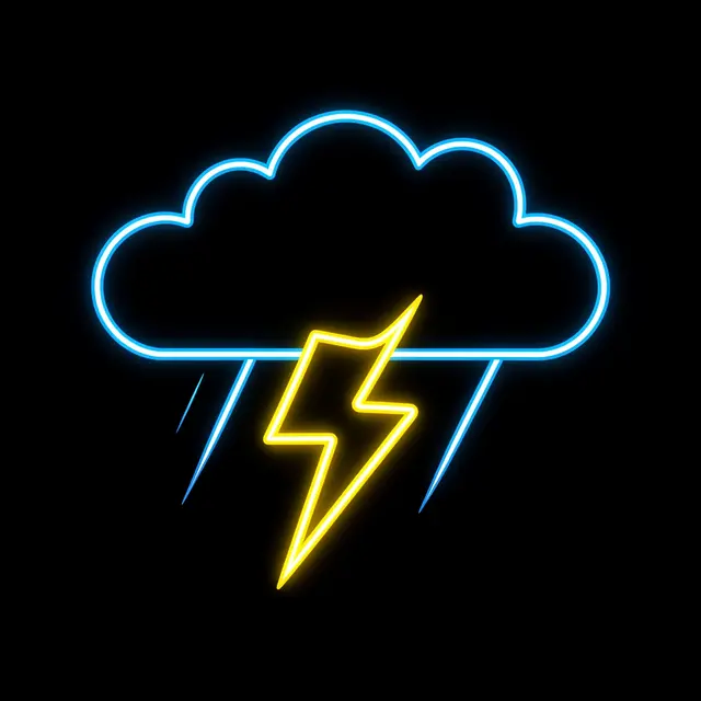 Glowing neon line art of a storm cloud with a yellow lightning bolt on a solid black background