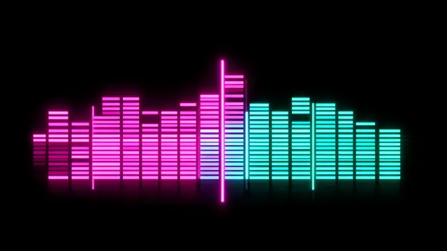 Glowing pink and cyan audio equalizer bars with soft reflections against a solid black background