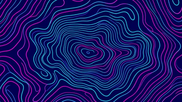 Glowing cyan and magenta topographic contour lines curve across a deep midnight blue background