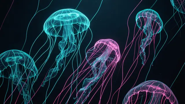 Glowing cyan and pink line-art jellyfish float through dark deep underwater space