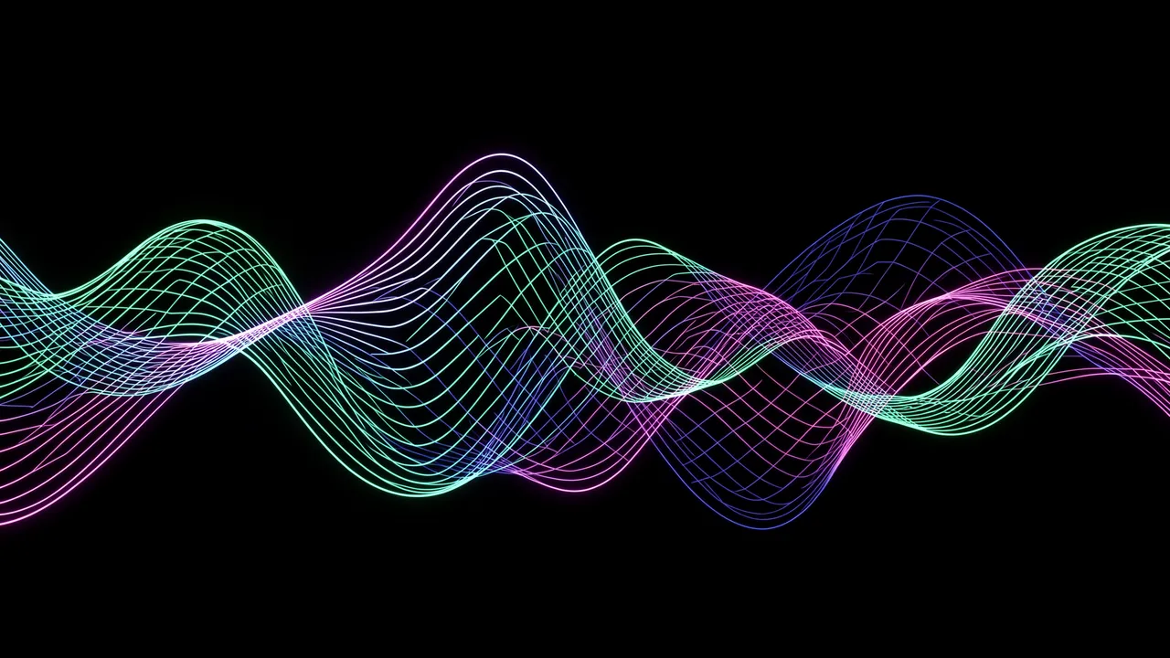 Intertwined glowing pastel neon wireframe waves flow across a solid black background