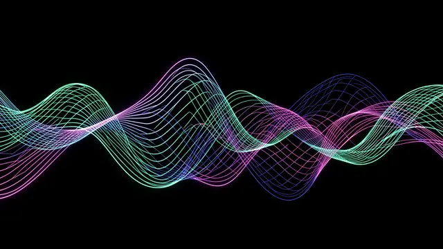 Intertwined glowing pastel neon wireframe waves flow across a solid black background