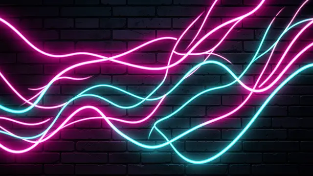 Glowing pink and cyan wavy neon lines curve across a dark textured brick wall