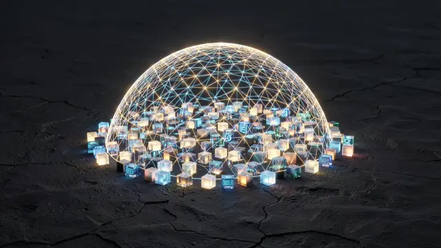 A glowing wireframe light dome covers a cluster of luminous cubes on a dark cracked plain