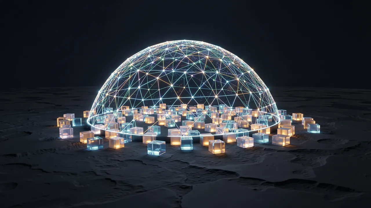 A glowing wireframe network dome covers a cluster of lit transparent cubes on a dark textured plain