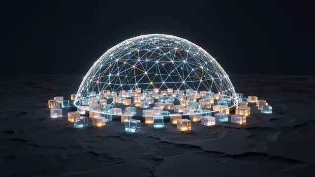 A glowing wireframe network dome covers a cluster of lit transparent cubes on a dark textured plain